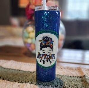 Blue Glitter Tumbler with Graphic Design